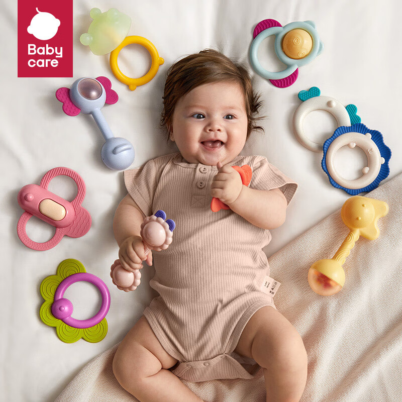 babycare婴幼儿手摇铃玩具0-1岁新生儿趣味安抚牙胶玩具牙胶摇铃艾格白