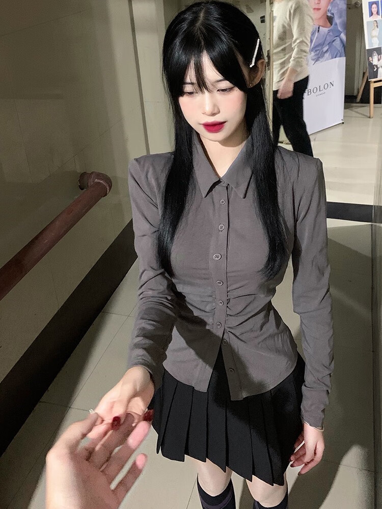 肚子的新款女上衣弹力长袖jk衬衫纯欲辣妹 灰色弹力长袖衬衫 棉质 xs