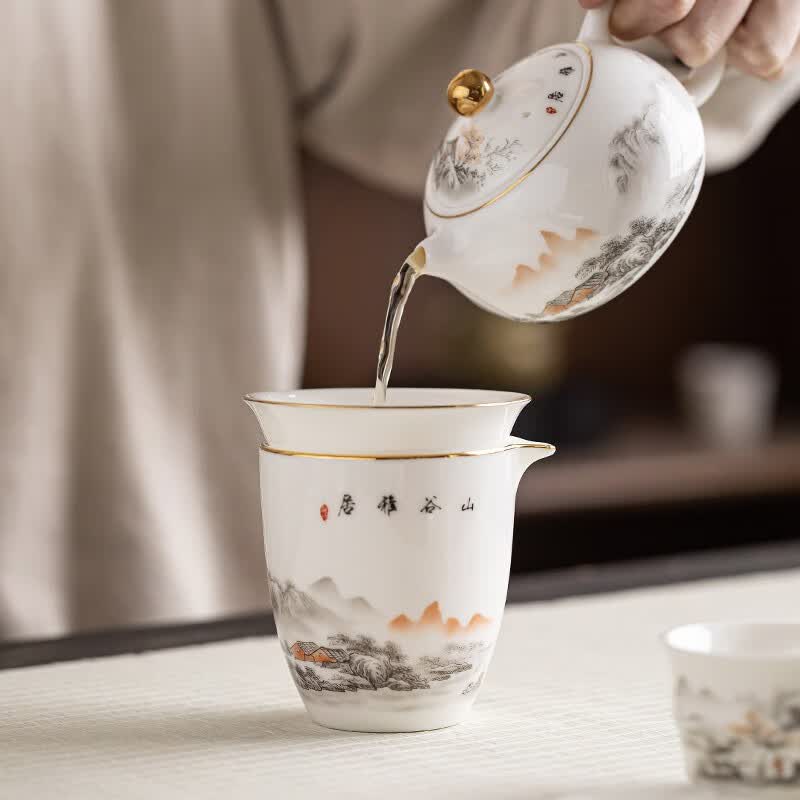 金镶玉 羊脂玉瓷功夫茶具套装 家用陶瓷白瓷茶壶茶杯泡茶套组礼盒装 西施壶水墨江山羊脂玉瓷套装