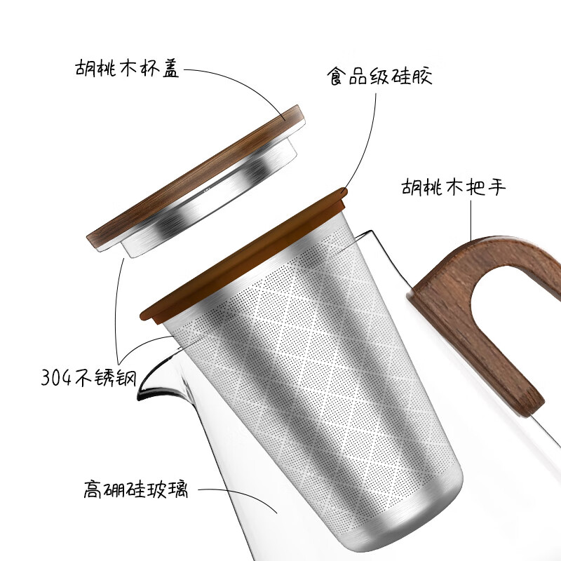 邦田(Bonston)办公室懒人泡茶壶胡桃木把大容量玻璃茶壶不锈钢内胆茶水分离茶具 800ML单壶