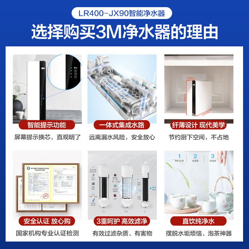 3M国家补贴净水器家用厨下式直饮RO反渗透4000L去水垢无桶大通量净水器纯水机净饮机 LR400净饮机 LR400-JX90