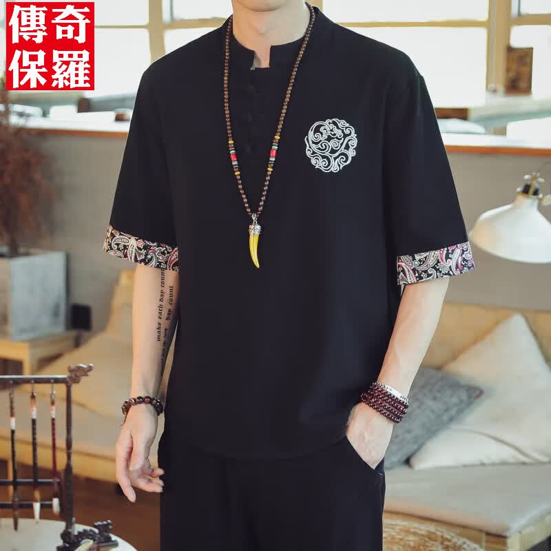传奇保罗亚麻短袖t恤男夏季半袖中国风体恤唐装复古胖子棉麻套装男装衣服 黑色 2XL怎么样,好用不?