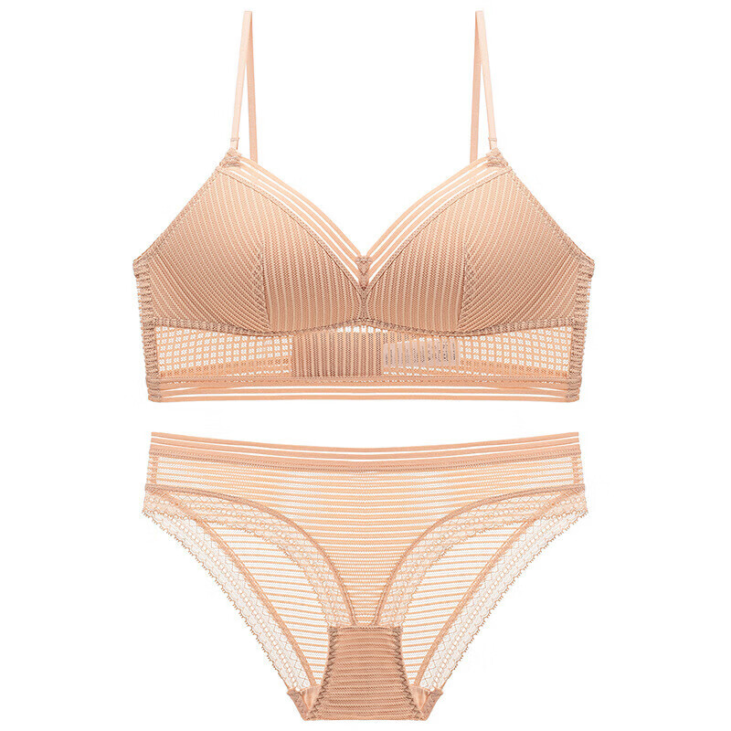 他她新款无钢圈上薄下厚聚拢深大露背穿搭复古条纹时尚文胸套装 白色