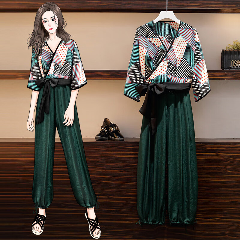 s)大码女装胖mm2024夏季新款时尚宽松显瘦民族风短袖上衣灯笼裤套装