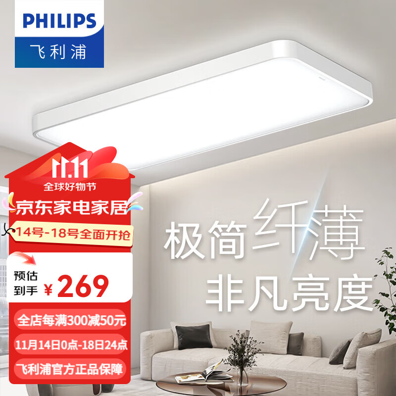 飞利浦（PHILIPS）LED吸顶灯客厅大灯灯具大全2024款客厅卧室灯餐厅灯现代简约灯具 【品亮长方形】43W6500K白光