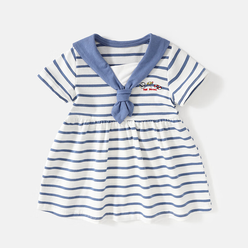 赢一贝（Yingyibei）婴幼儿裙装女童海军领条纹短袖连衣裙儿童裙子宝宝夏装演出服新款 蓝白条 80