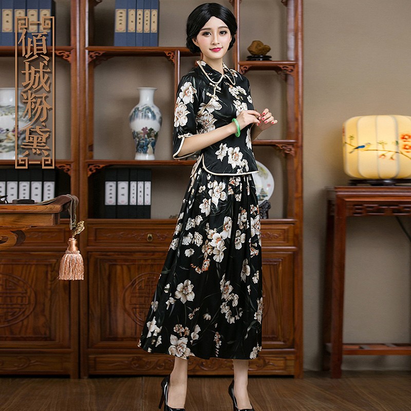 倾城粉黛唐装旗袍两件套装新款改良时尚真丝旗袍裙中国风日常复古女士 黑色 S