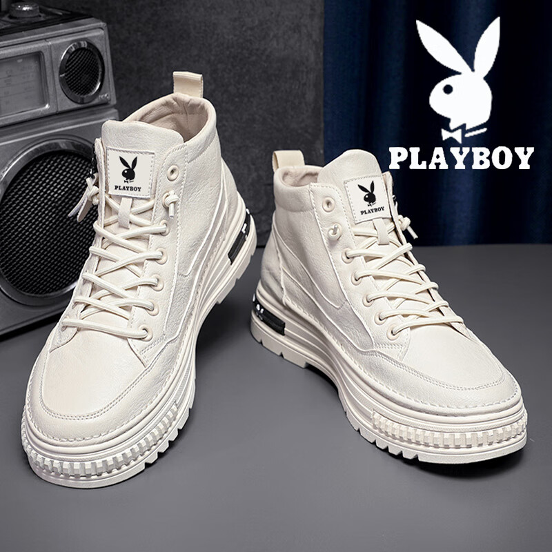 花花公子（PLAYBOY）男鞋高帮春夏季新款2026休闲复古厚底增高透气潮流皮鞋子男马丁靴 白色 41