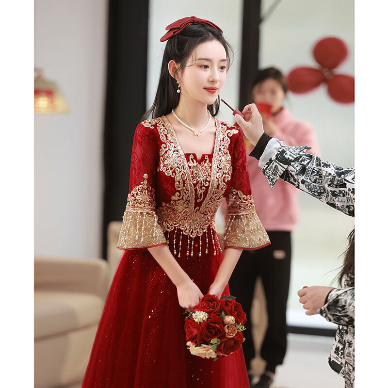顏隨中式敬酒服新娘新款夏季結(jié)婚紅色感禮服裙秀禾服顯瘦薄款 酒紅色 長(zhǎng)款 3XL