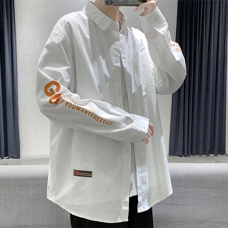 木子胜秋季长袖衬衫男生薄款潮流帅气休闲宽松白色oversize衬衣外套