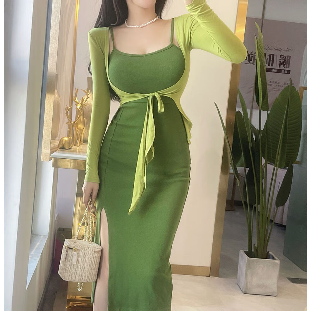 高级感微胖女装纯欲风法式两件套长袖外套开衫收腰小众 绿色开衫 95%