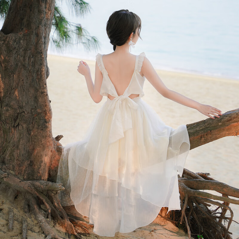 森女部落原创白月光初恋风气质连衣裙氛围感裙子露背仙气长裙夏季 白色 M