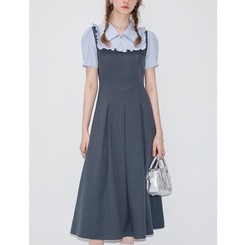 balitomms法式连衣裙女年夏季新款假两件学院风短袖长裙 陨石灰(花边