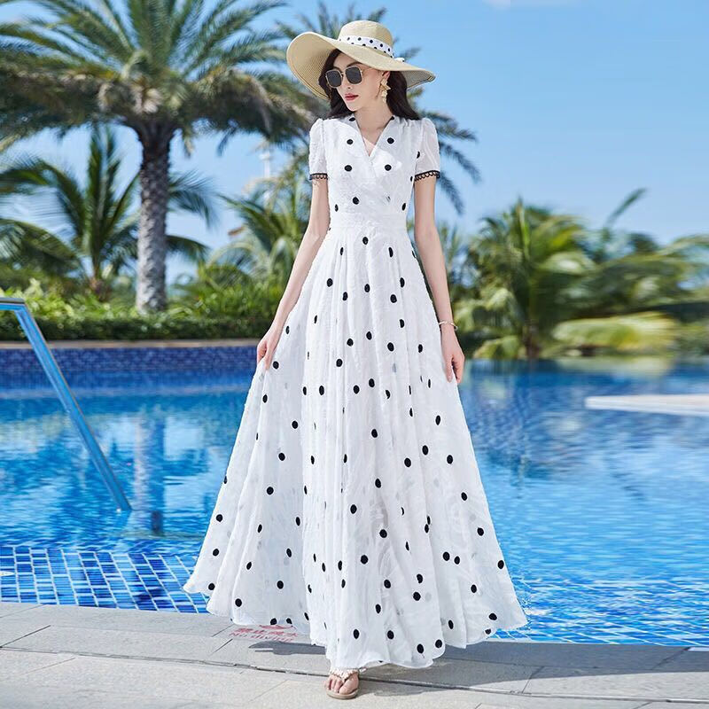 鲁伊森钟楚曦波点裙白色波点连衣裙女2022收腰显瘦气质典雅雪纺大摆