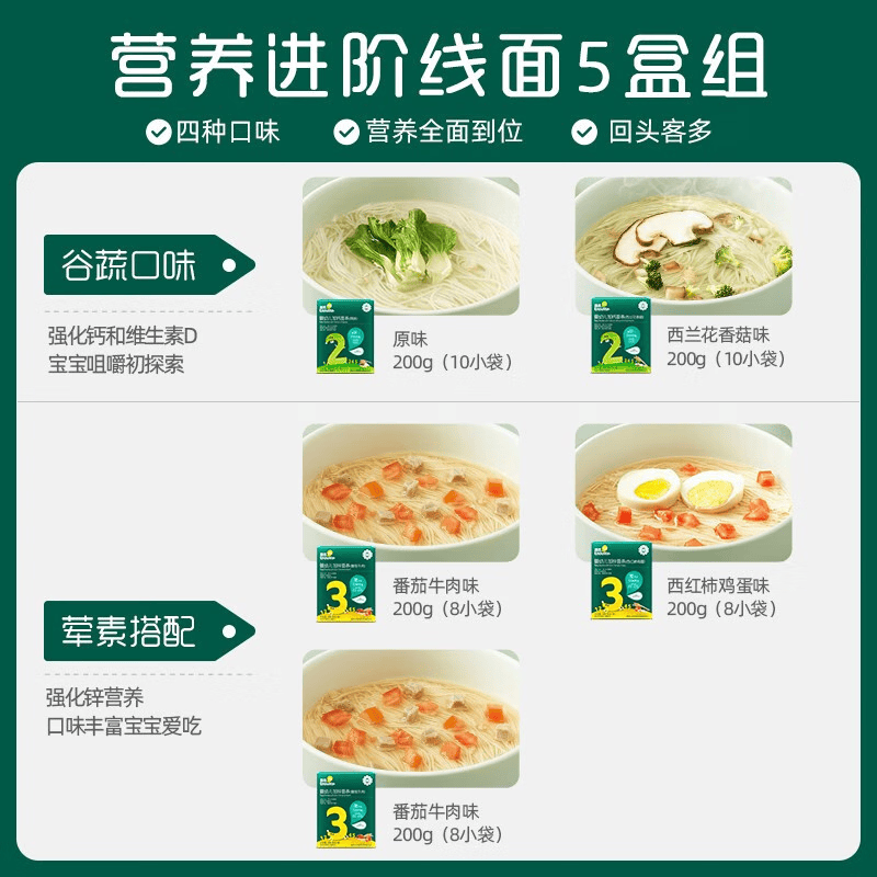 英氏婴儿面条宝宝辅食面条婴幼儿碎碎面粒粒面 多乐能系列 【婴标7-12月+】线面5盒钜划算