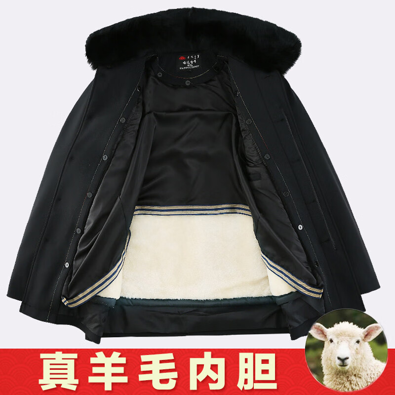 内胆派克服秋冬尼克服派克大衣真皮棉袄爸爸装 黑色(内胆全羊毛一体)