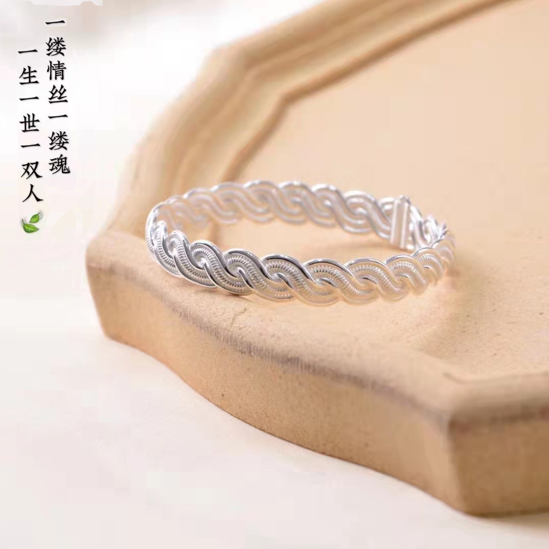 抖音同款999足银纯手工青丝镯六辫镯女士手镯 六编镯送女友礼物手环