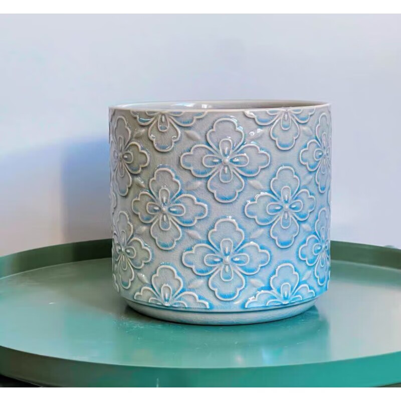 smvp手工花盆孤品简约浮雕花釉陶瓷设计师蝴蝶兰绿植花器 四叶花浅蓝