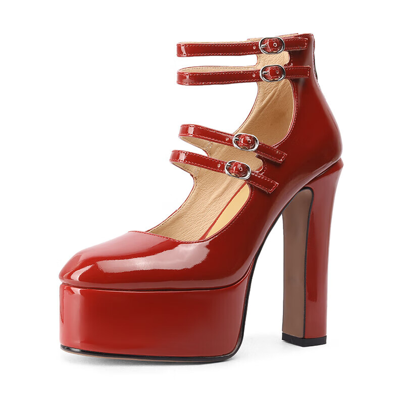 弗迪狮新款恨天高高跟鞋女红色漆皮粗跟防水台增高厚底走秀婚宴礼服鞋