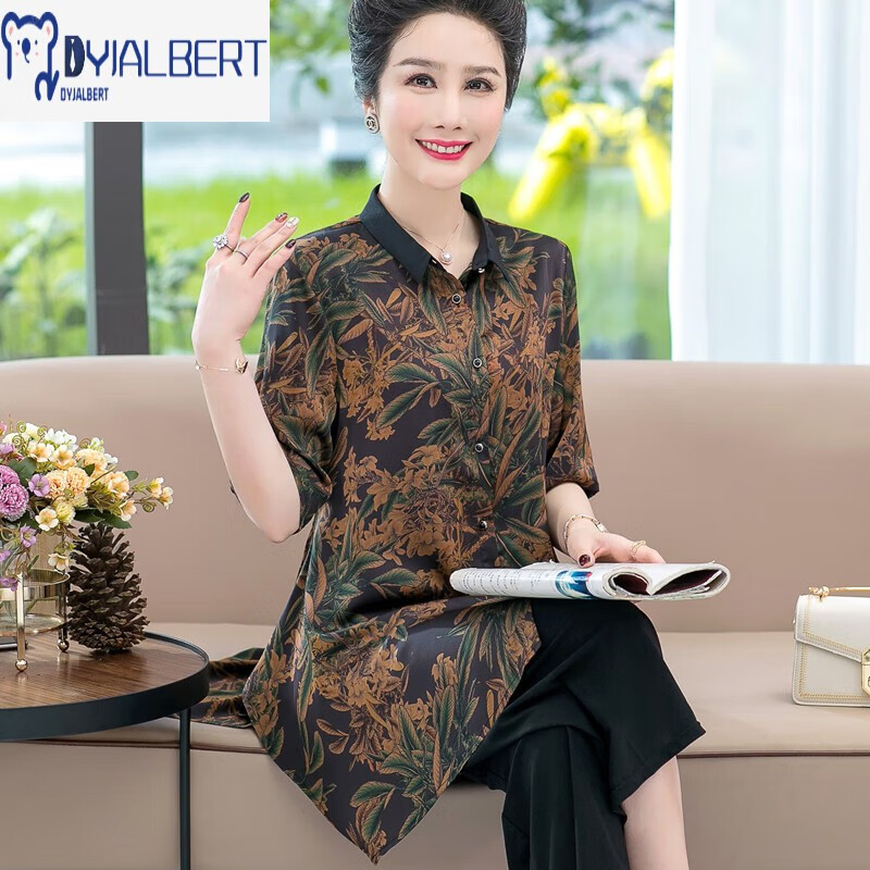 dyj albert妈妈装夏款桑蚕丝上衣中长款半袖衬衫女贵妇人品牌女装真丝