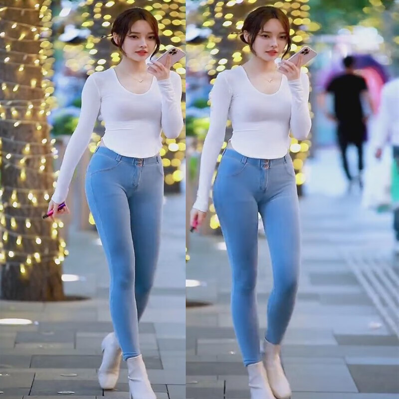 rvip《 轻奢》高档低腰紧身蜜桃臀浅蓝色牛仔裤女年秋冬新款修身提臀