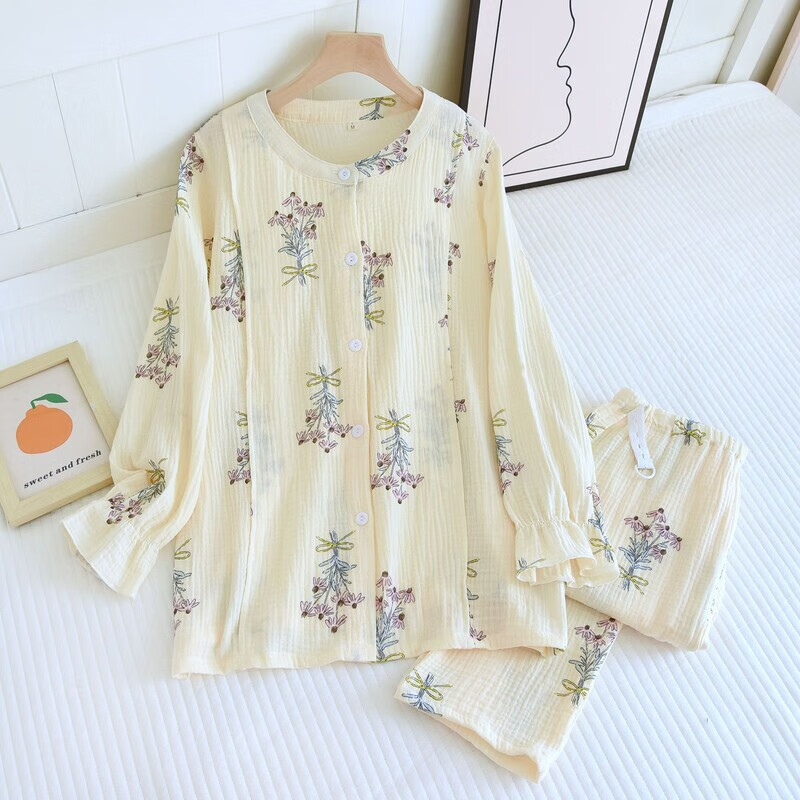 孕妇月子服产后哺乳衣超薄棉纱透气睡衣女大码家居服可外穿 梅花绉布哺乳-黄 L(115-125斤）