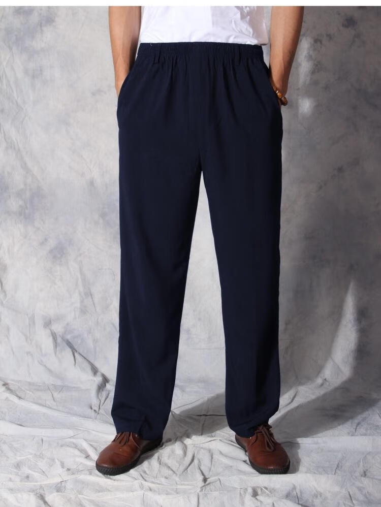 裤宽松爸爸松紧腰桑蚕丝真丝长裤成熟男装 国潮品牌深蓝色穿的舒服