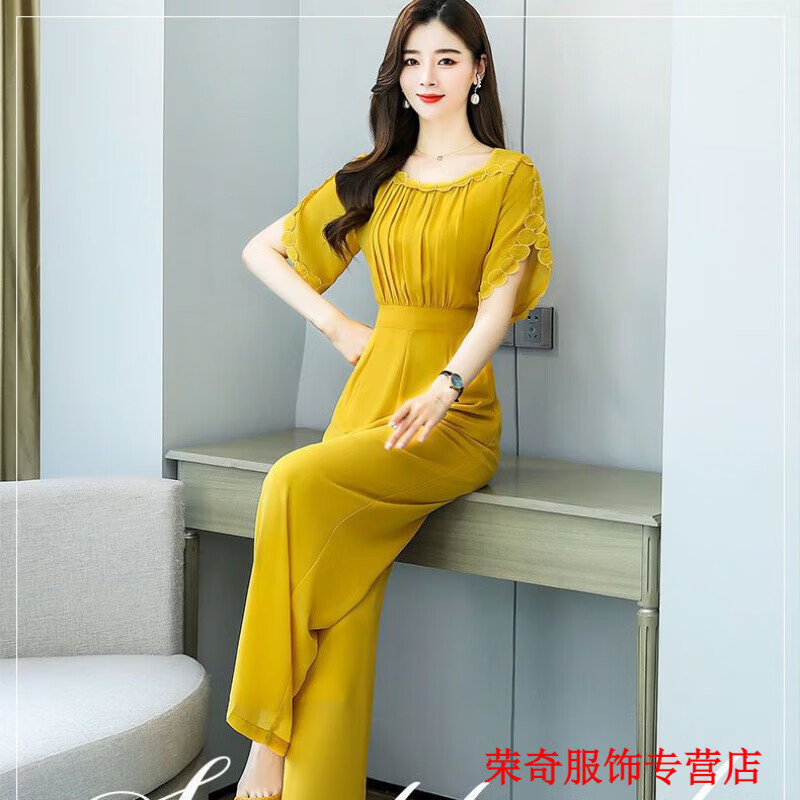 嫻槐雪紡連體衣2024夏季新款時(shí)尚優(yōu)雅氣質(zhì)潮流連體褲連體褲套裝減齡 黃色 M 95-105斤