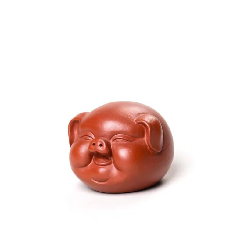 三山堂 宜兴纯手工紫砂茶宠猪摆件雕塑茶具原矿朱泥大红袍猪头精品