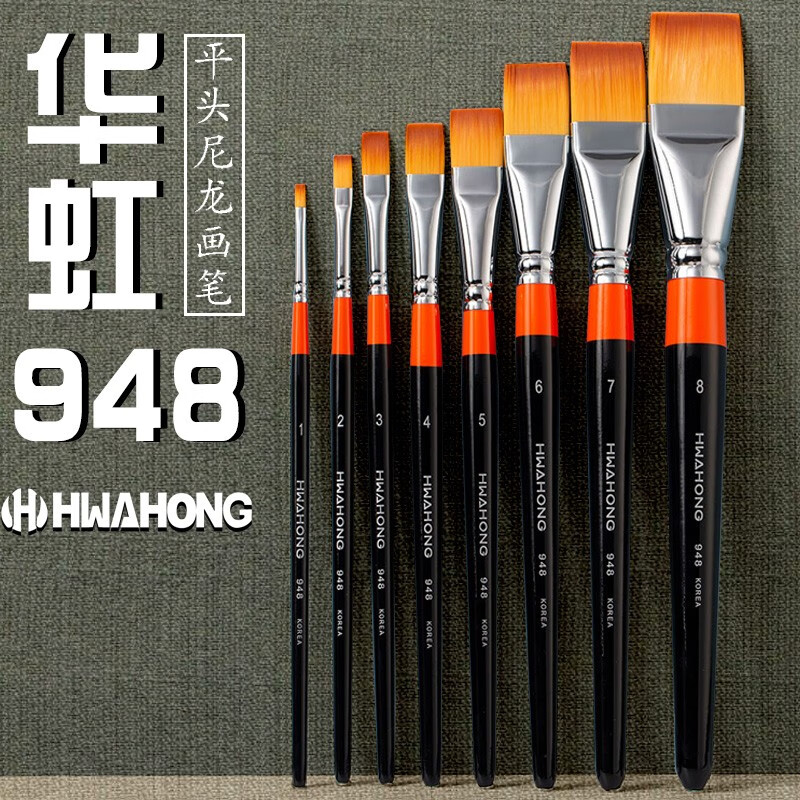 华虹(hwahong)画笔948水粉笔尼龙毛平头图案笔油画绘画笔 8支全套