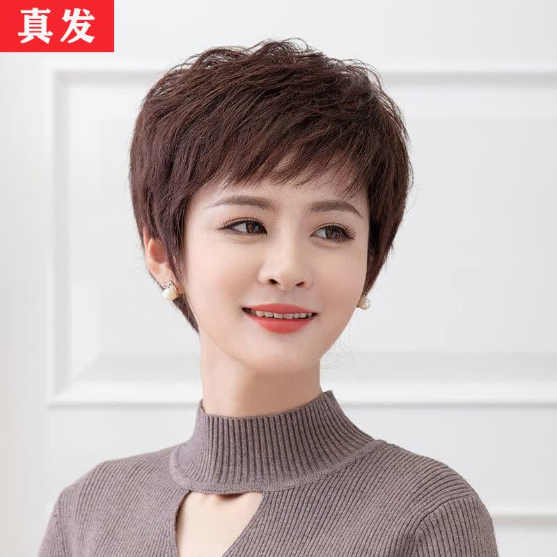 真发假发女短发纹理烫短卷发女士真人发丝假发头套透气轻薄全头套