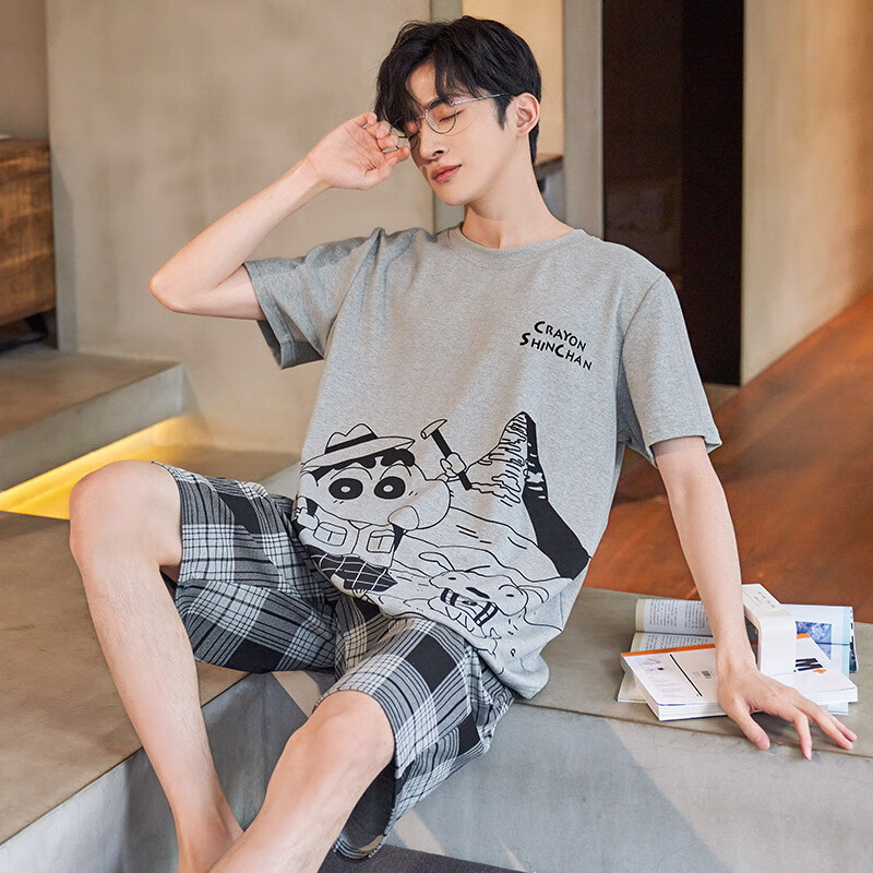 睡衣男夏季棉质短袖短裤韩版宽松青少年卡通休闲家居服套装可外穿 Y5787 男L