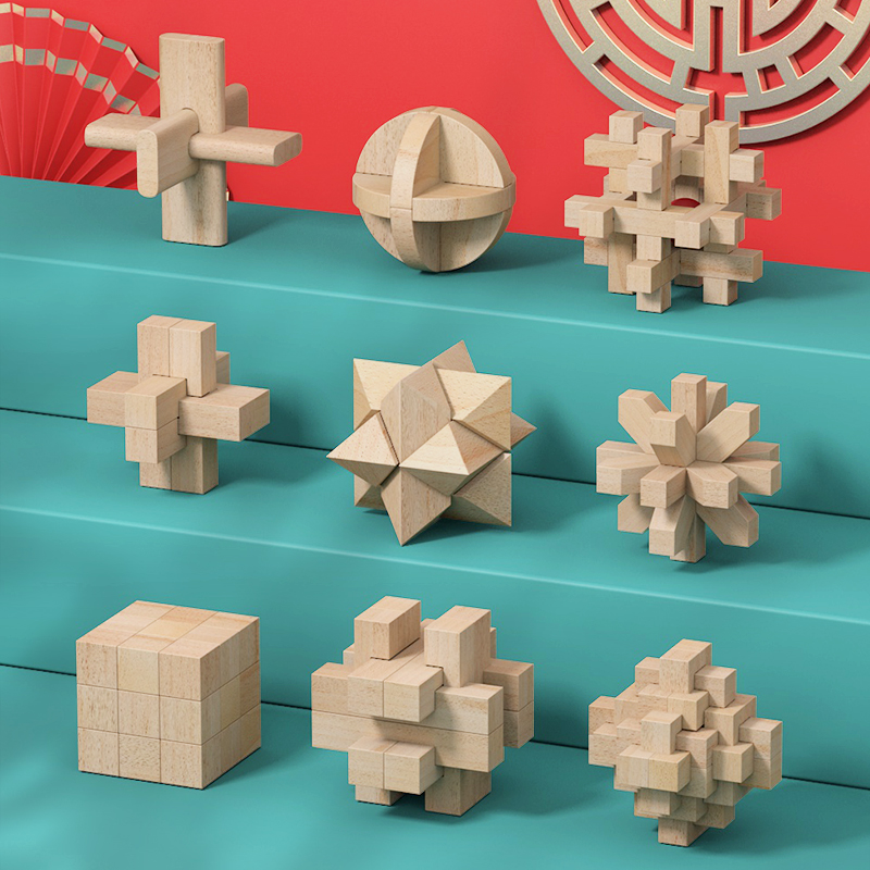 qzmtoy巧之木 9合1孔明锁大号鲁班锁榉木榫卯积木男女孩中小学生玩具