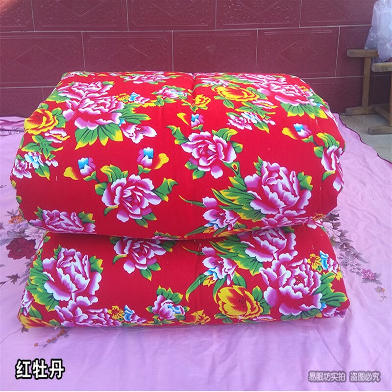 老式被面大花布东北大花布老式被子纯棉被套布料被面大红牡丹传统 红