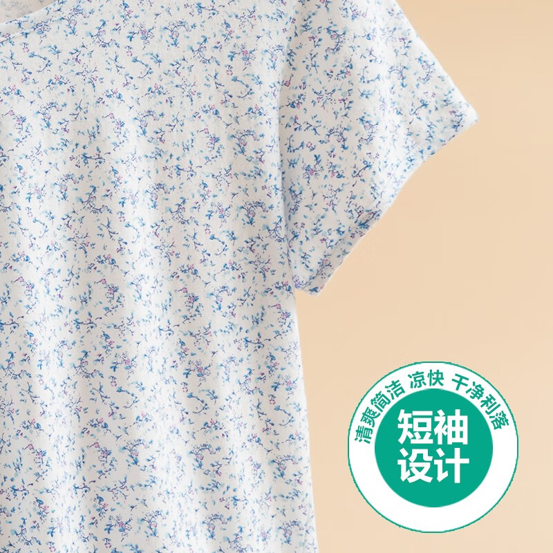 AB母亲节纯棉女中老年夏薄款家居服妈妈上衣宽松大码印花短袖汗衫 蓝雅【上衣】 3XL
