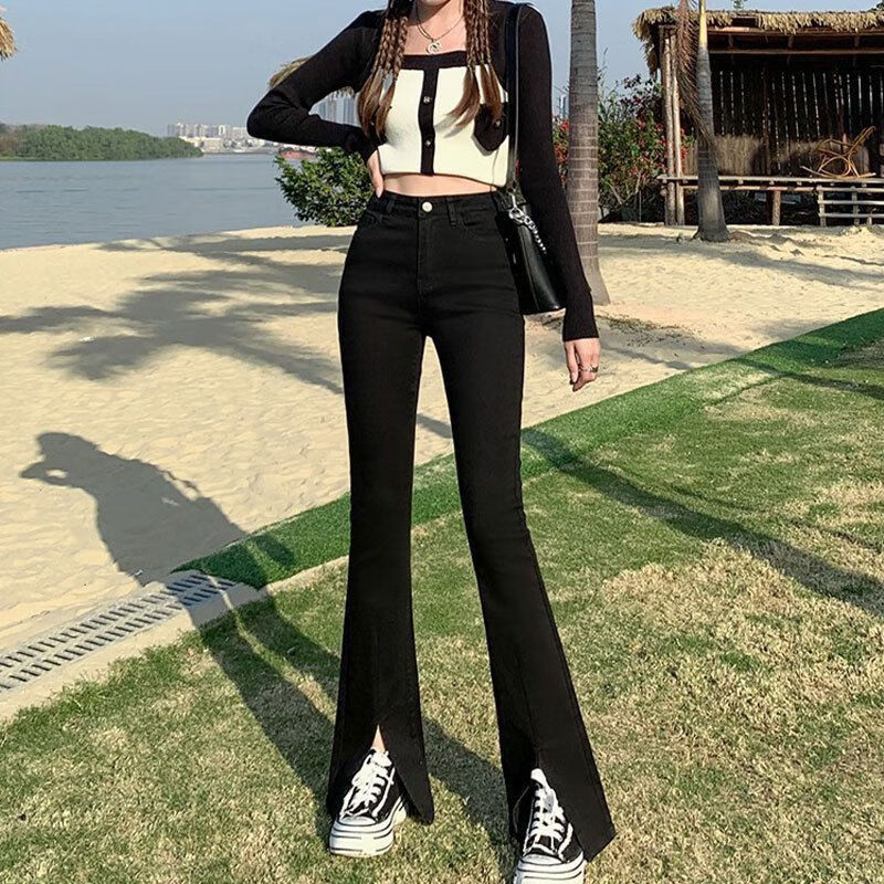 索涉(suoshe)显高矮小个子150紧身弹力牛仔裤145矮小个子开衩裤春季