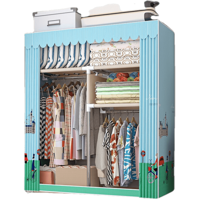 索尔诺 简易衣柜布衣柜牛津布加粗19管加固衣服柜卧室宿舍出租房防尘组装布衣柜 英伦风情【宽86cm*高172cm]