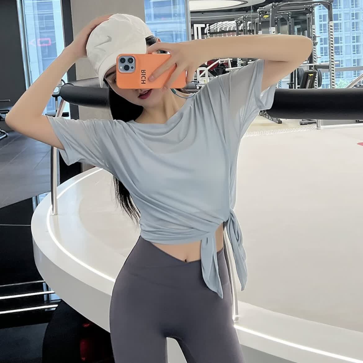 cinessd网纱宽松运动防晒罩衫短袖t恤女跑步训练开叉瑜伽服速干健身