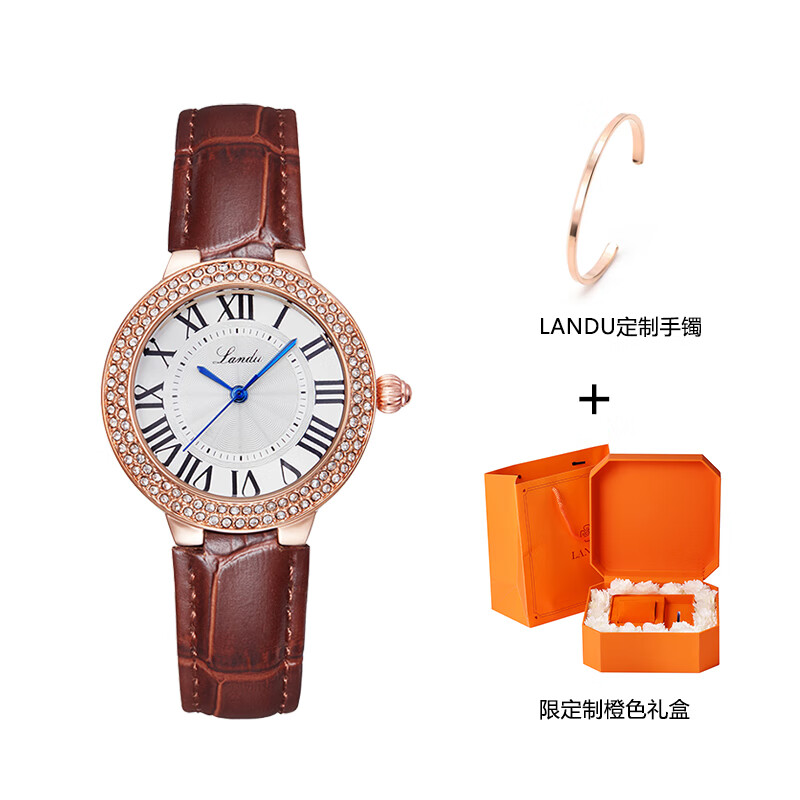 兰度landu女士手表防水气质罗马刻度蓝针皮带潮流时尚简约腕表
