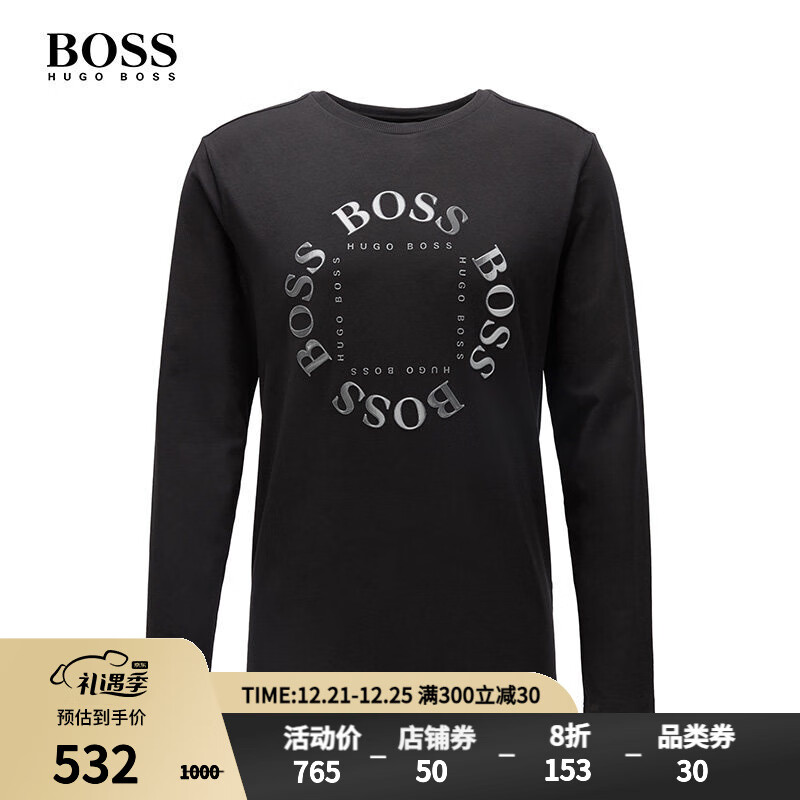 【圣诞礼物男】HUGO BOSS雨果博斯男装2020早春款圆形LOGO长袖T恤 001-黑色 XXXL