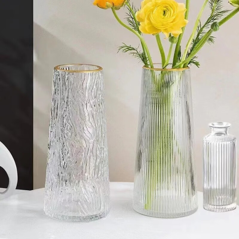 傲洁简约透明玻璃花瓶桌面插花水养花瓶ins风高颜值客厅摆件 冰川纹+竖条纹