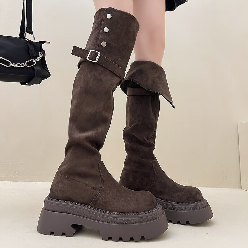 惠奴比厚底显瘦绒面堆堆弹力靴过膝靴子女2025秋冬新款两穿长筒靴时装靴 黑色【加绒款】 39