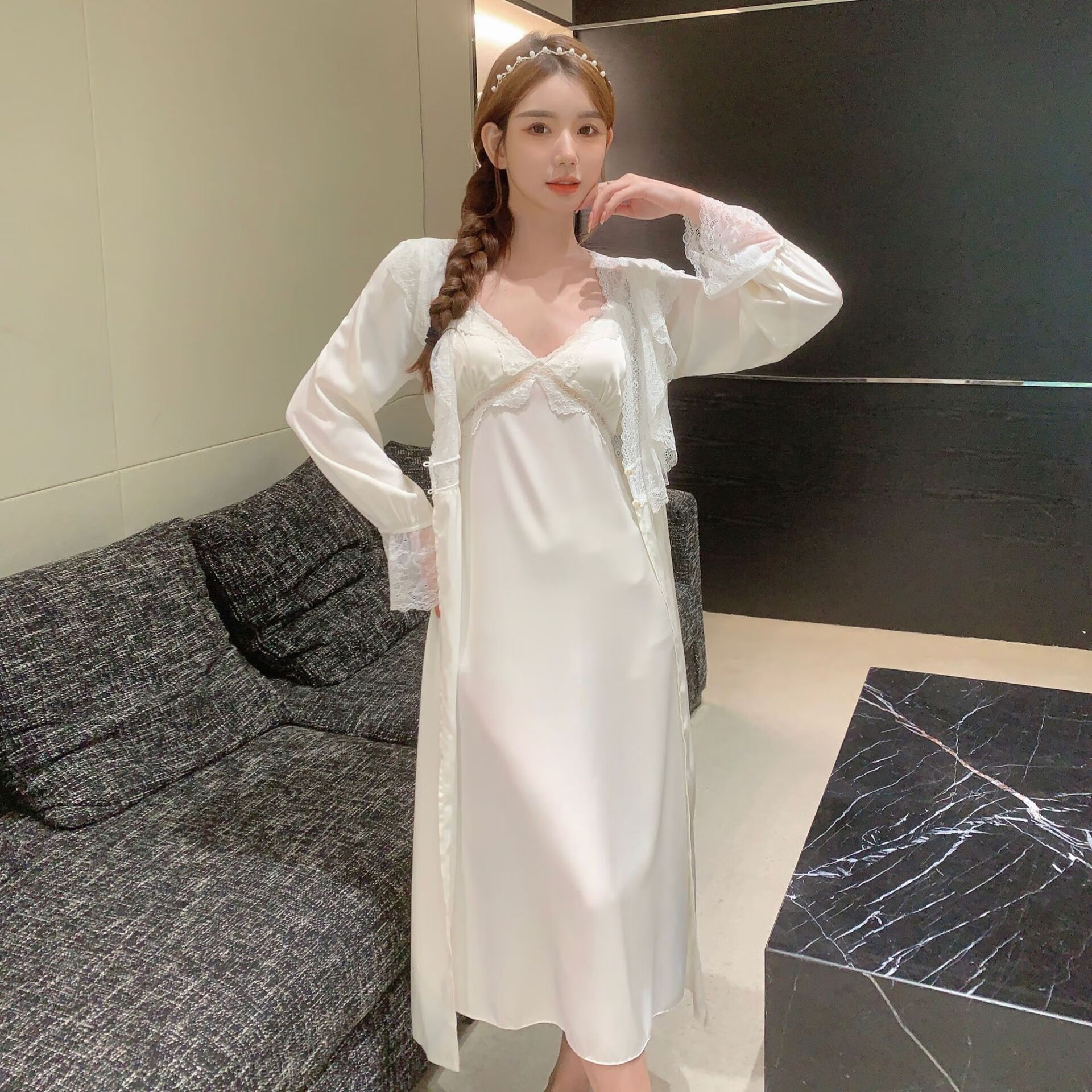 零虹黛安芬性感睡衣女冰丝薄款2023新款睡裙两件套过膝欲 奶白色 吊带