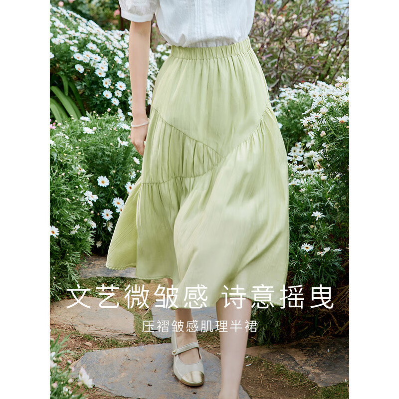 茵曼（INMAN）复古时尚设计感女春夏松紧腰遮肉A字半身长裙子 茶绿色 XL 