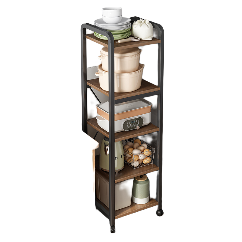 腾煜雅轩  厨房夹缝置物架家用缝隙储物架锅架锅具收纳架落地多层微波炉架子 【五层带轮】黑橡木35X37X139cm 分层收纳 灵活移动