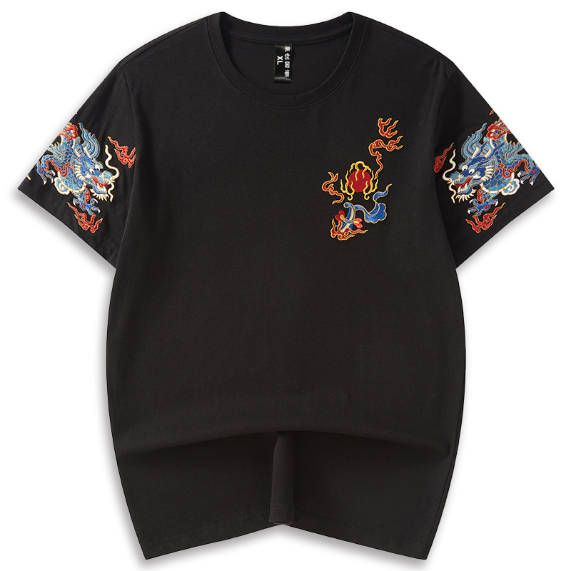 play fog短袖t恤男女潮牌2022国潮双龙戏珠刺绣宽松大码情侣款短袖t恤