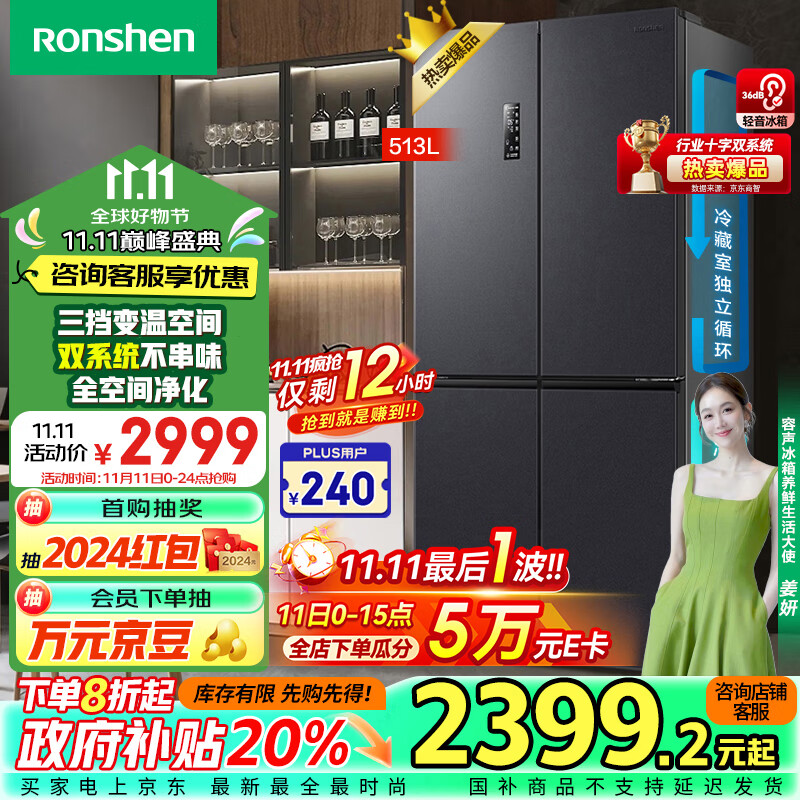 容声(Ronshen)【501升级款】513升四开多门十字双对开门电冰箱家用一级能效变频双循环风冷无霜BCD-513WD12FPA