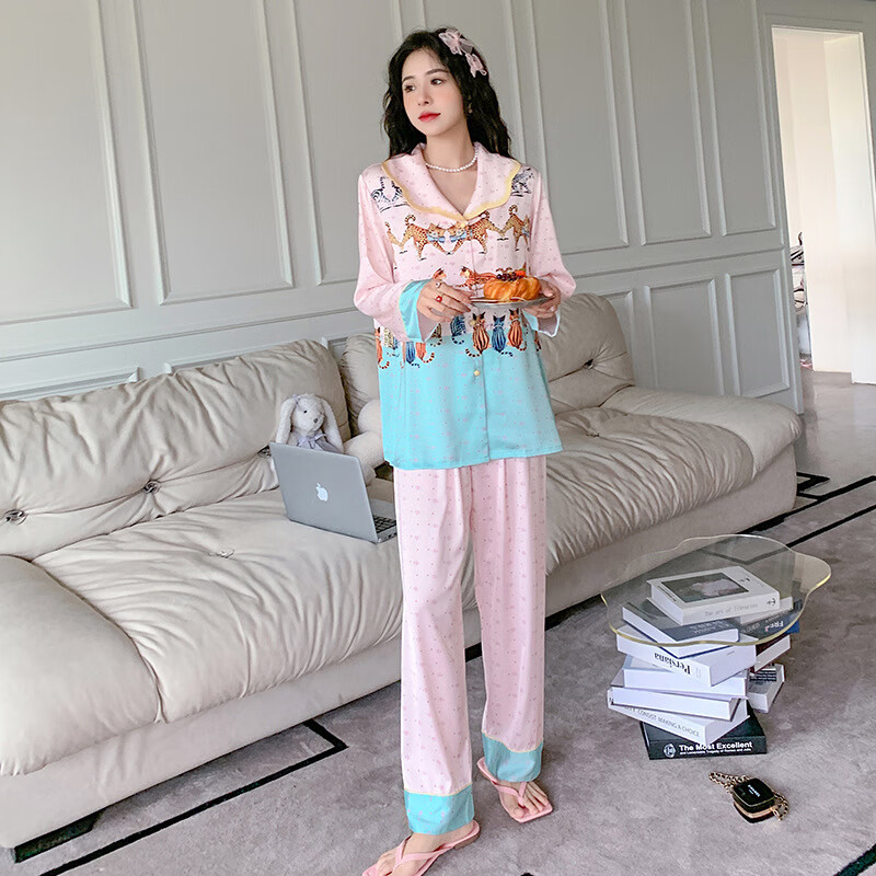 兔轻奢睡衣女春秋季仿真丝长袖两件套简约休闲可外穿丝绸家居服批发