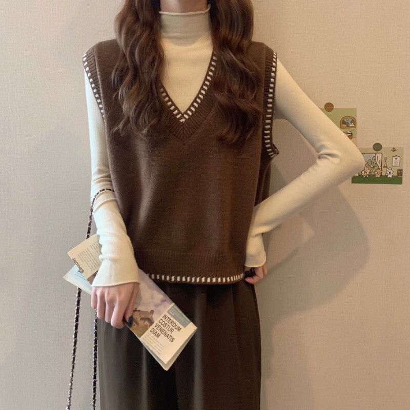 翊尚美针织马甲女春秋可外穿短款V领背心上衣新款宽松内搭坎肩 杏色 均码 【推荐80-140斤】