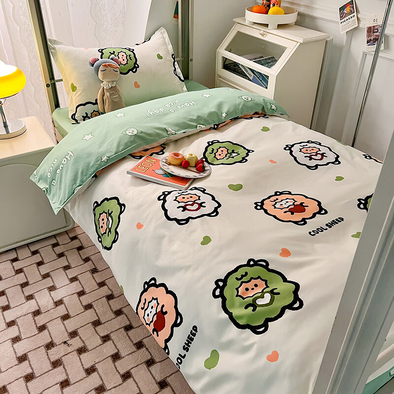 9米卡通床品单人床笠款四件套3 绿色 羊咩咩g 0.